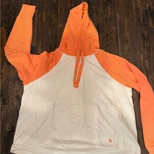 Sweaty Betty Vibrant Orange and White hi/low Hoodie with front pocket Women’s L